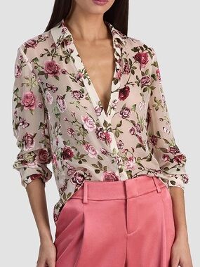 Alice + Olivia Pink Floral Rose-Print Button Down Shirt